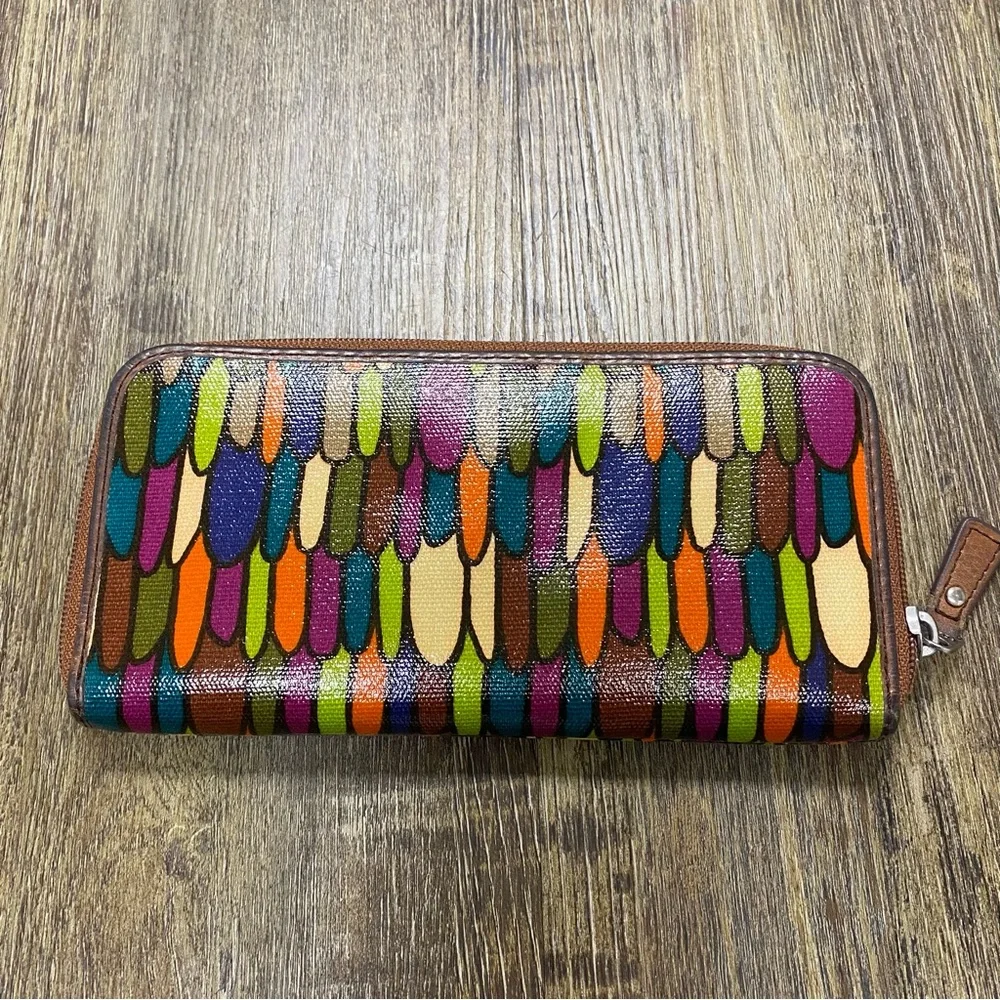 Fossil Colorful Feather Pattern Zip Around Wallet Card Check‎ Receipt Holder